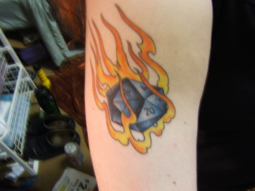 Blue d20 in flames