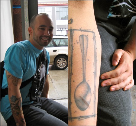 Richie, sous chef at NOPA, and his Oneida spoon tattoo - Photo by Megan Gordon