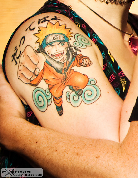 manga tattoos. geeky tattooed shoulders.