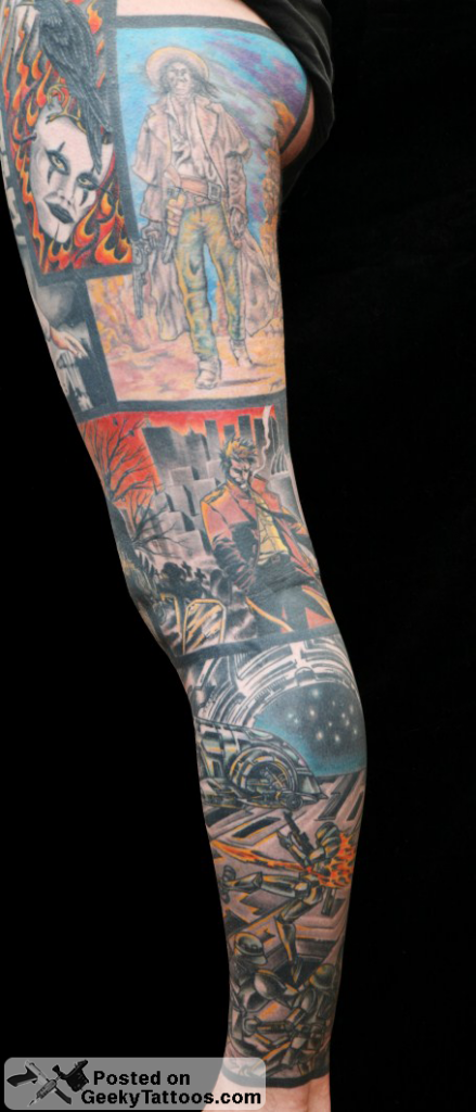 This is Peter, who has a whole leg sleeve full of comic book tattoos.
